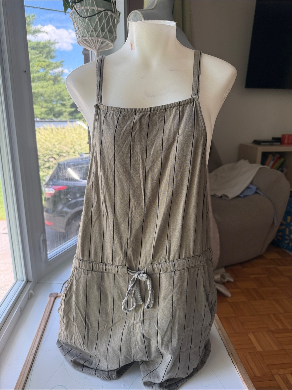 Billabong Striped Sleeveless Linen Romper in Olive